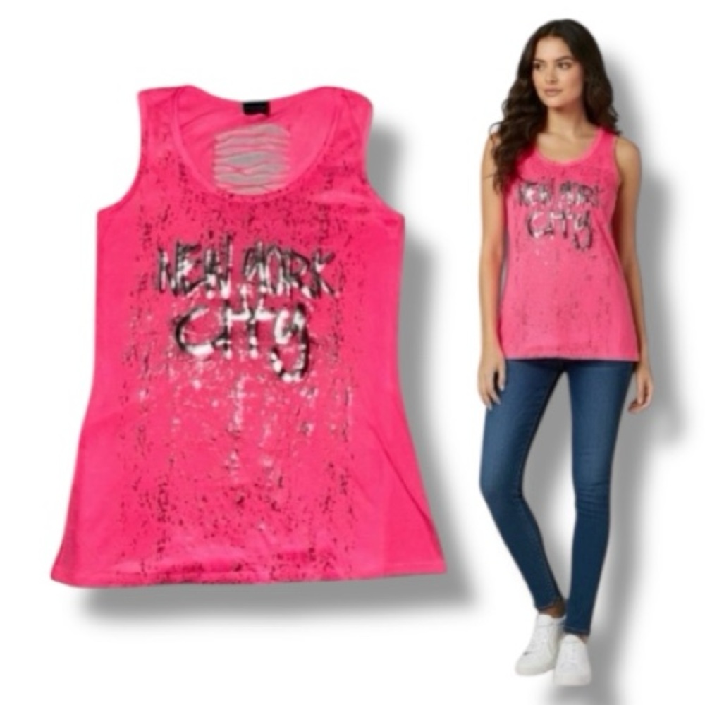 Popular Sports Y2K NYC Shredded Back Graphic Tank Top - Neon Pink - Large 🍭